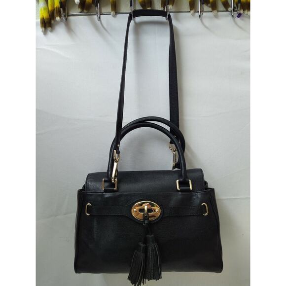 Talbots Black Leather Tassel 2 Ways Turnlock Closure Satchel Shoulder Bag - Picture 5 of 14